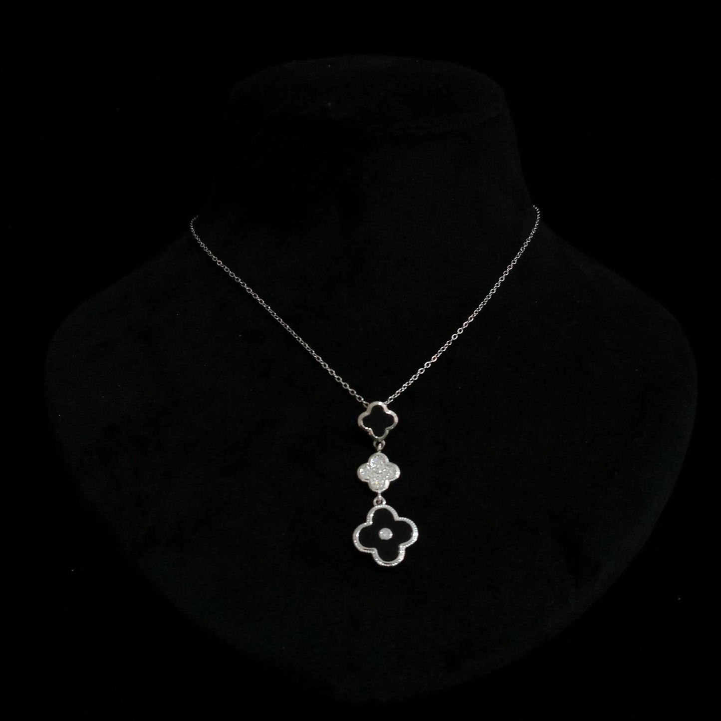 Black Triple Floral Silver Pendant Neckpiece view 4