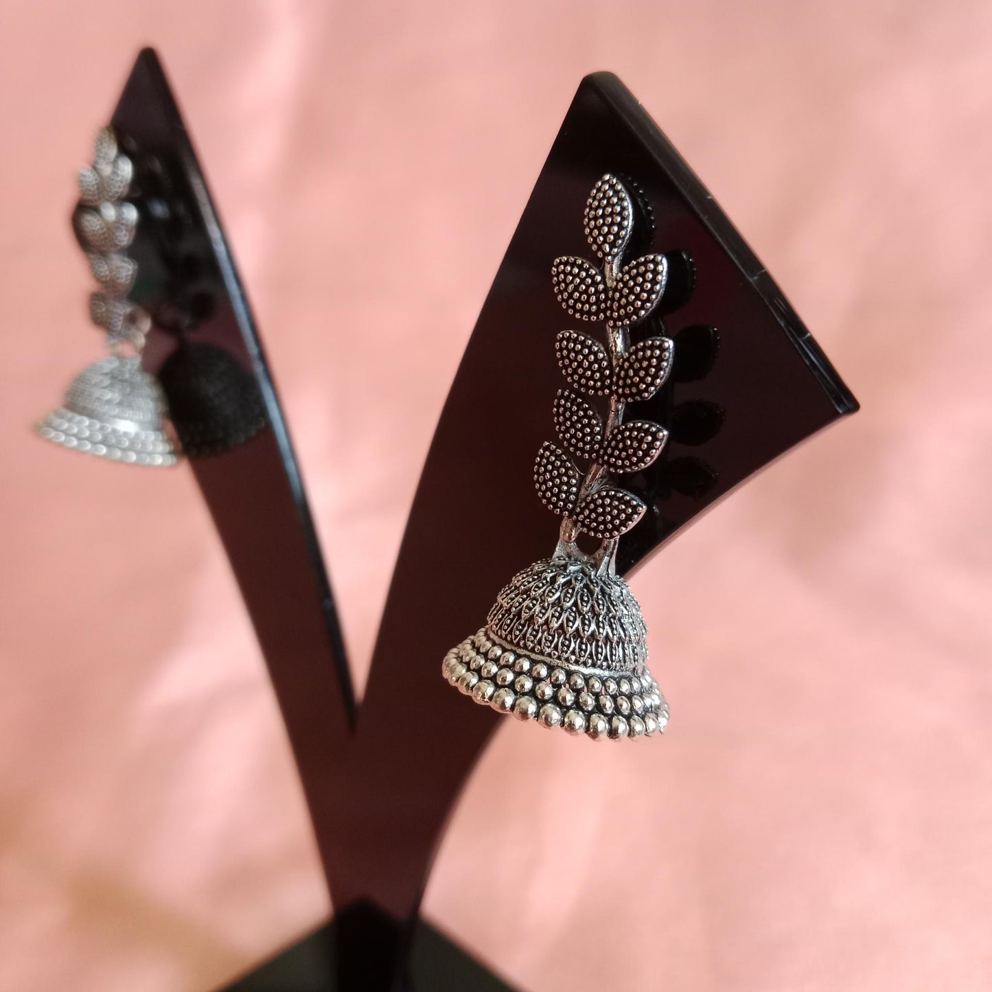 Leaf Dome Oxidized Jhumka Earrings