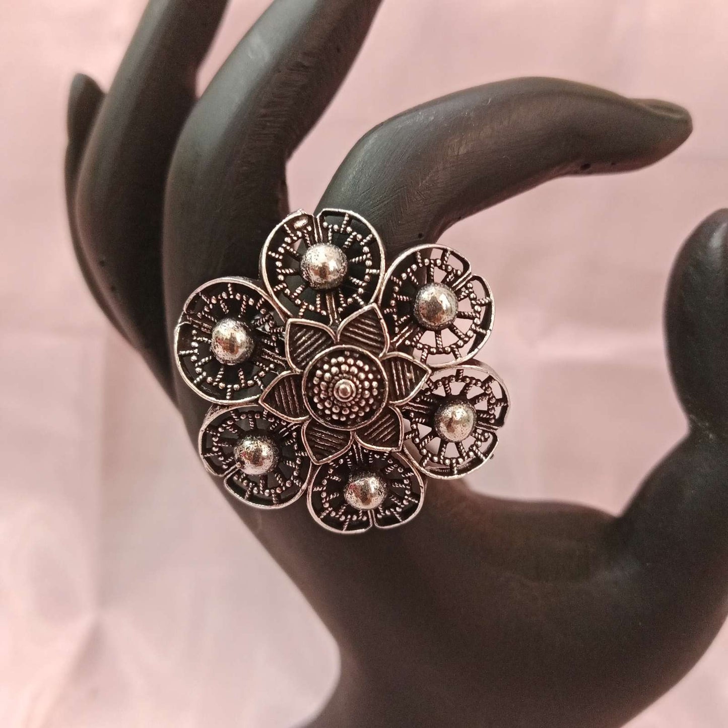 Blingso Oxidized Floral Bloom Adjustable Ring – Main View