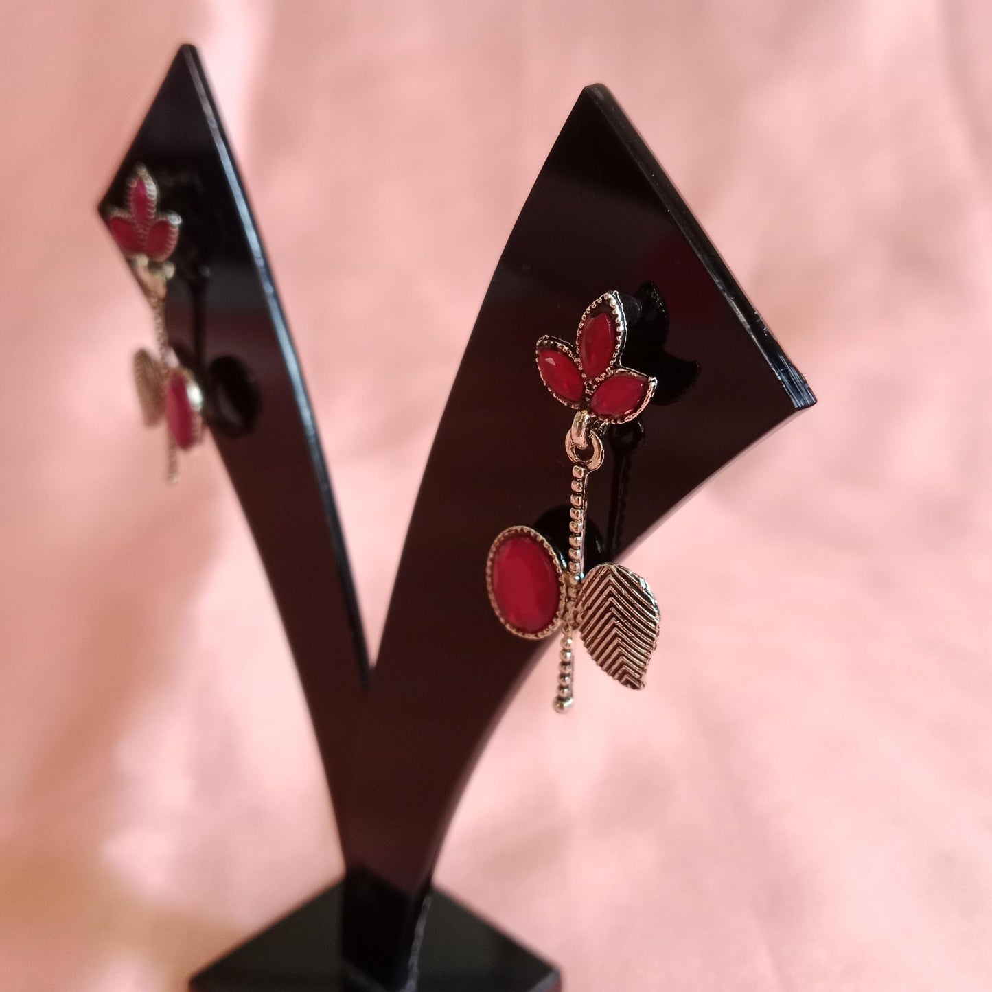 Pink Lotus Leaf Oxidized Earrings