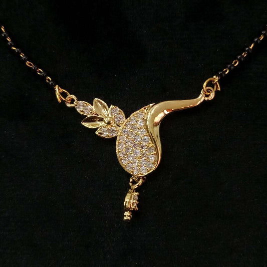 Gold-Plated Leaf Grace Mangalsutra – Curved Pendant with Leaf Accents Closeup | Blingso Jewelry