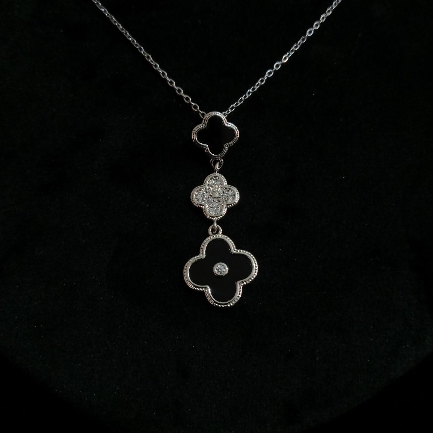 Black Triple Floral Silver Pendant Neckpiece view 3