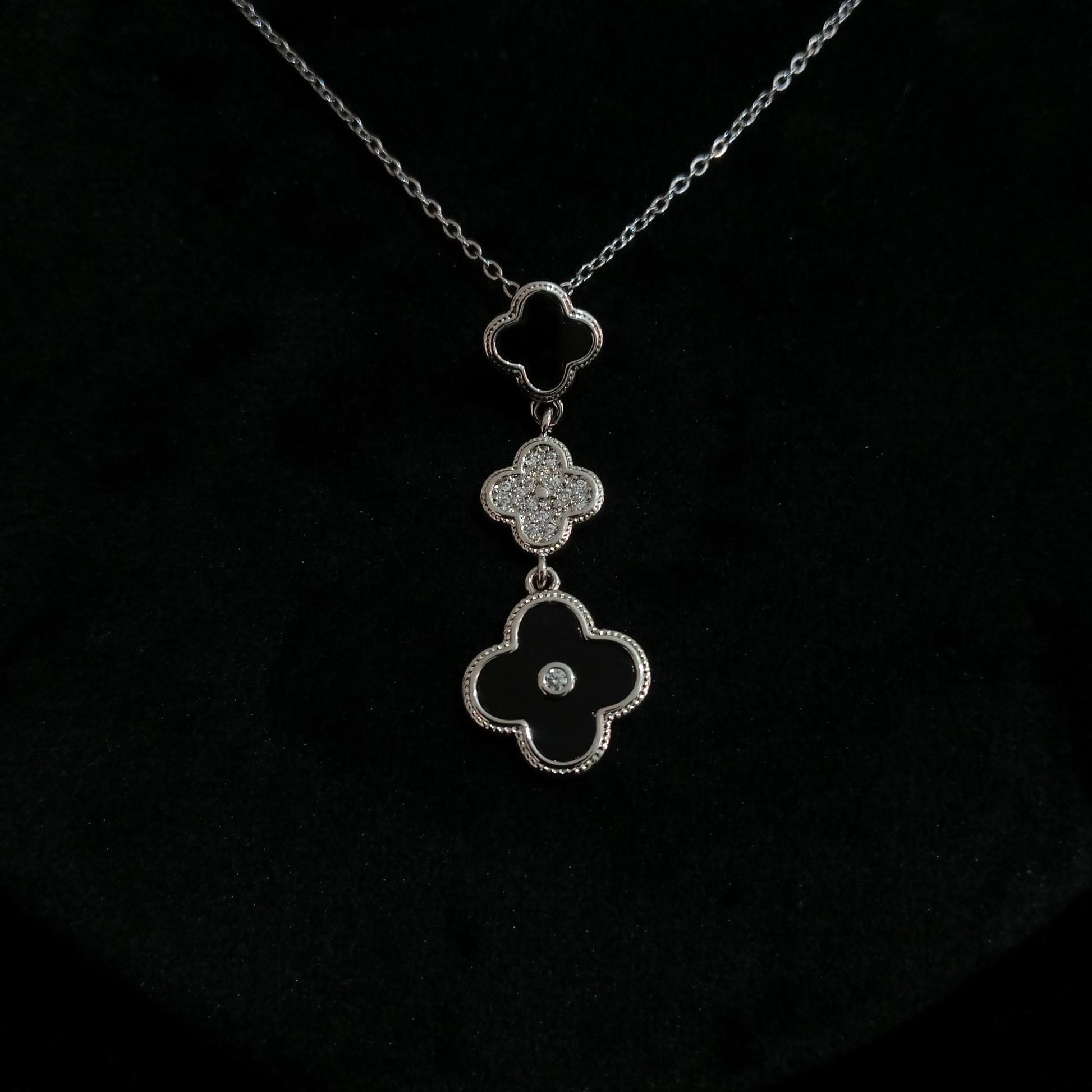 Black Triple Floral Silver Pendant Neckpiece view 3