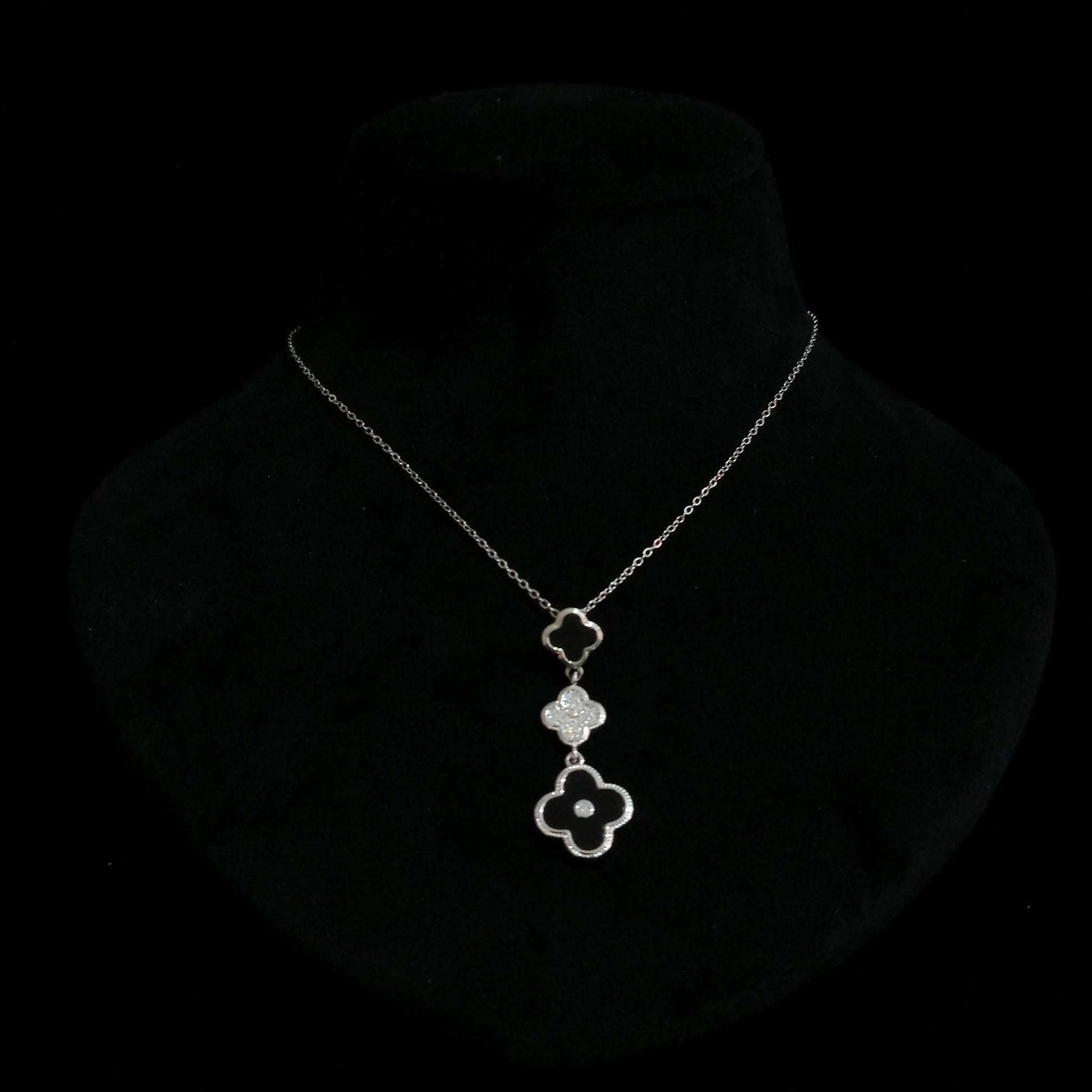 Black Triple Floral Silver Pendant Neckpiece view 4