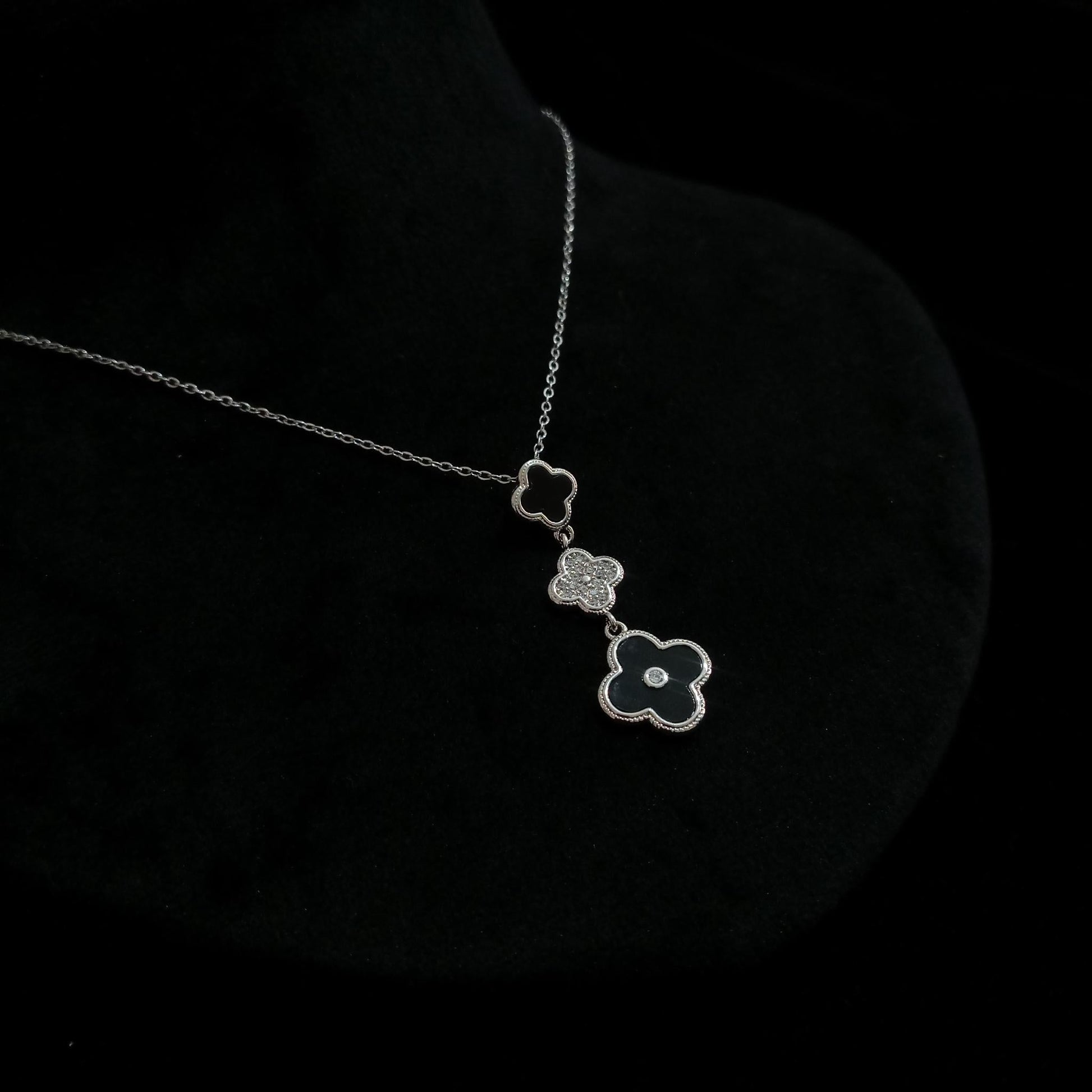 Black Triple Floral Silver Pendant Neckpiece view 2