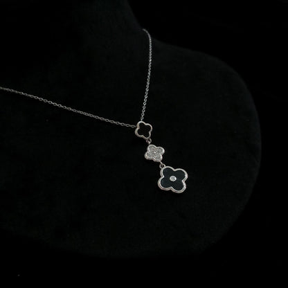 Black Triple Floral Silver Pendant Neckpiece view 2