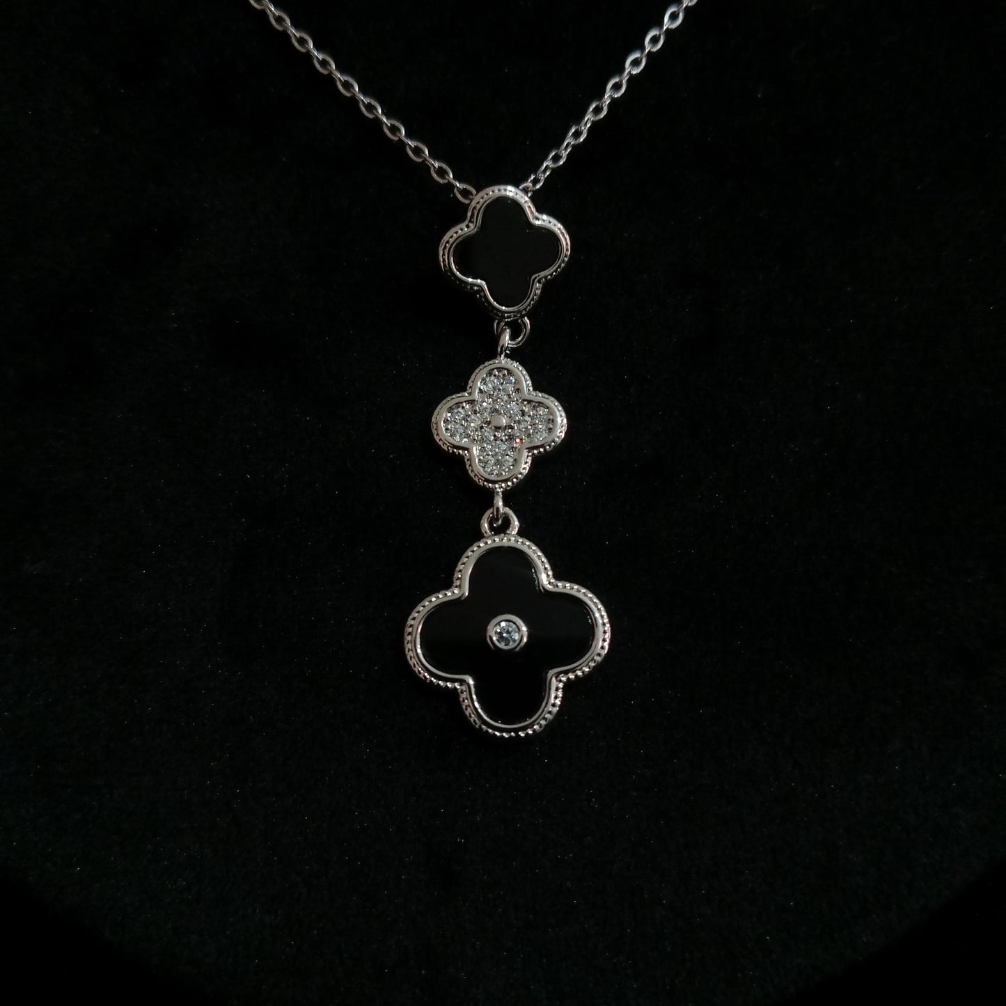 Black Triple Floral Silver Pendant Neckpiece - Floral