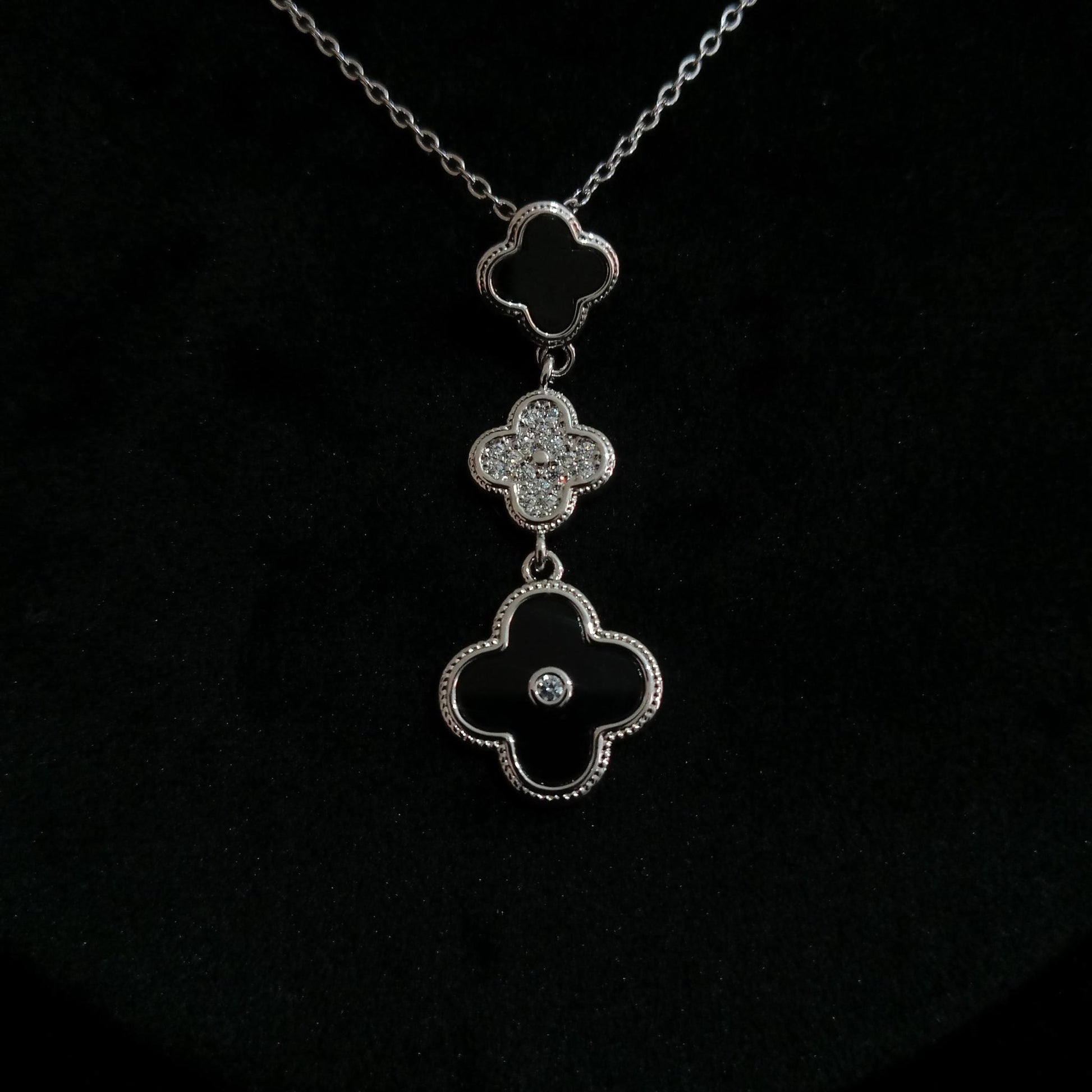 Black Triple Floral Silver Pendant Neckpiece - Floral