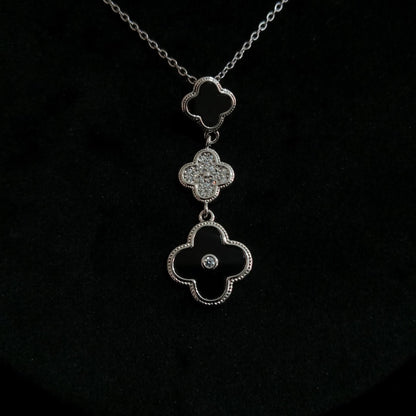 Black Triple Floral Silver Pendant Neckpiece - Floral