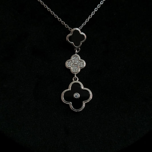 Black Triple Floral Silver Pendant Neckpiece - Floral
