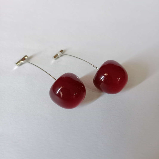Cherry Red Dangle Earrings – side view on silver-tone hooks