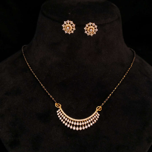 Diamond Cascade AD Mangalsutra Set – floral earrings closeup in golden