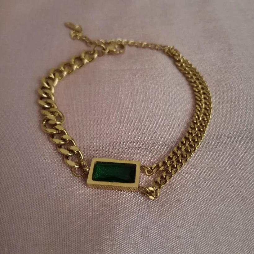 Emerald Tone Green Stone Dual Chain Bracelet bracelet by Blingso
