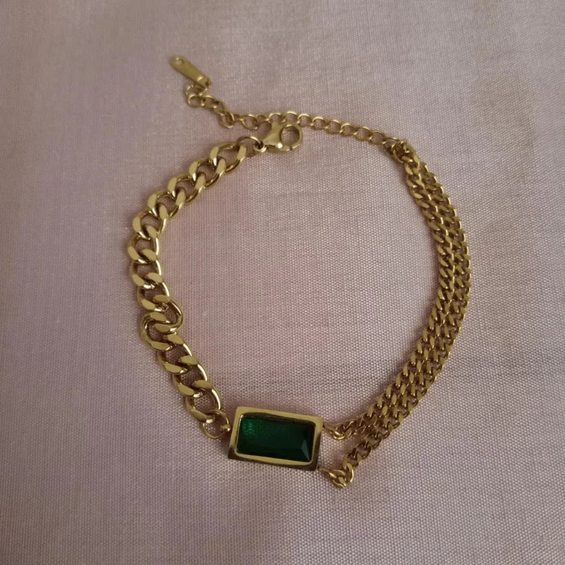Emerald Tone Green Stone Dual Chain Bracelet bracelet by Blingso