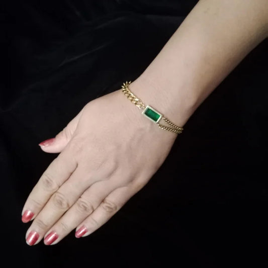 Emerald Tone Green Stone Dual Chain Bracelet bracelet  on Hand 