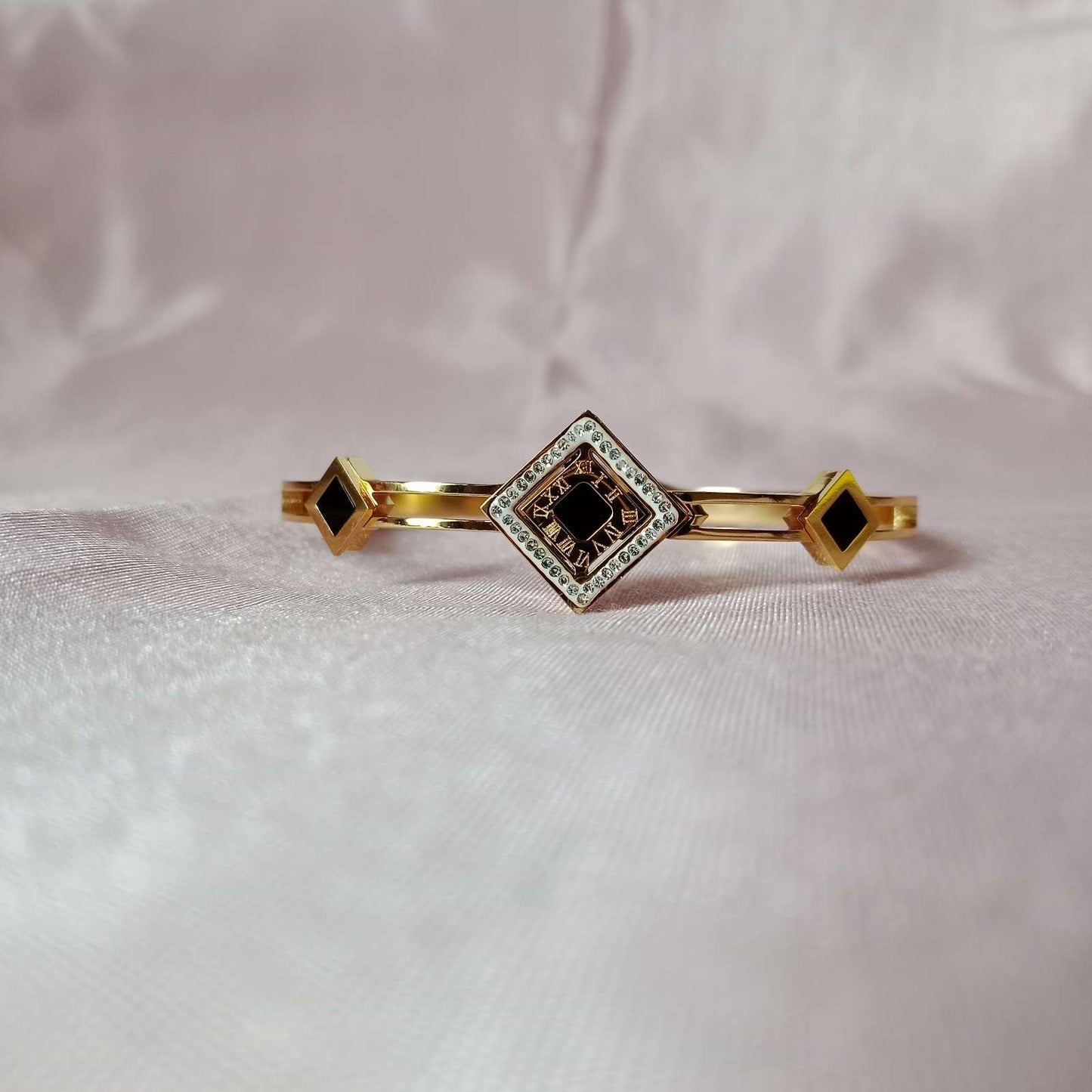 Geometric Black Enamel Bracelet – bold square pattern closeup