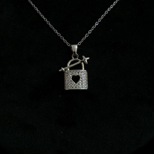 Heart Lock & Arrow Silver Pendant Neckpiece - Heart