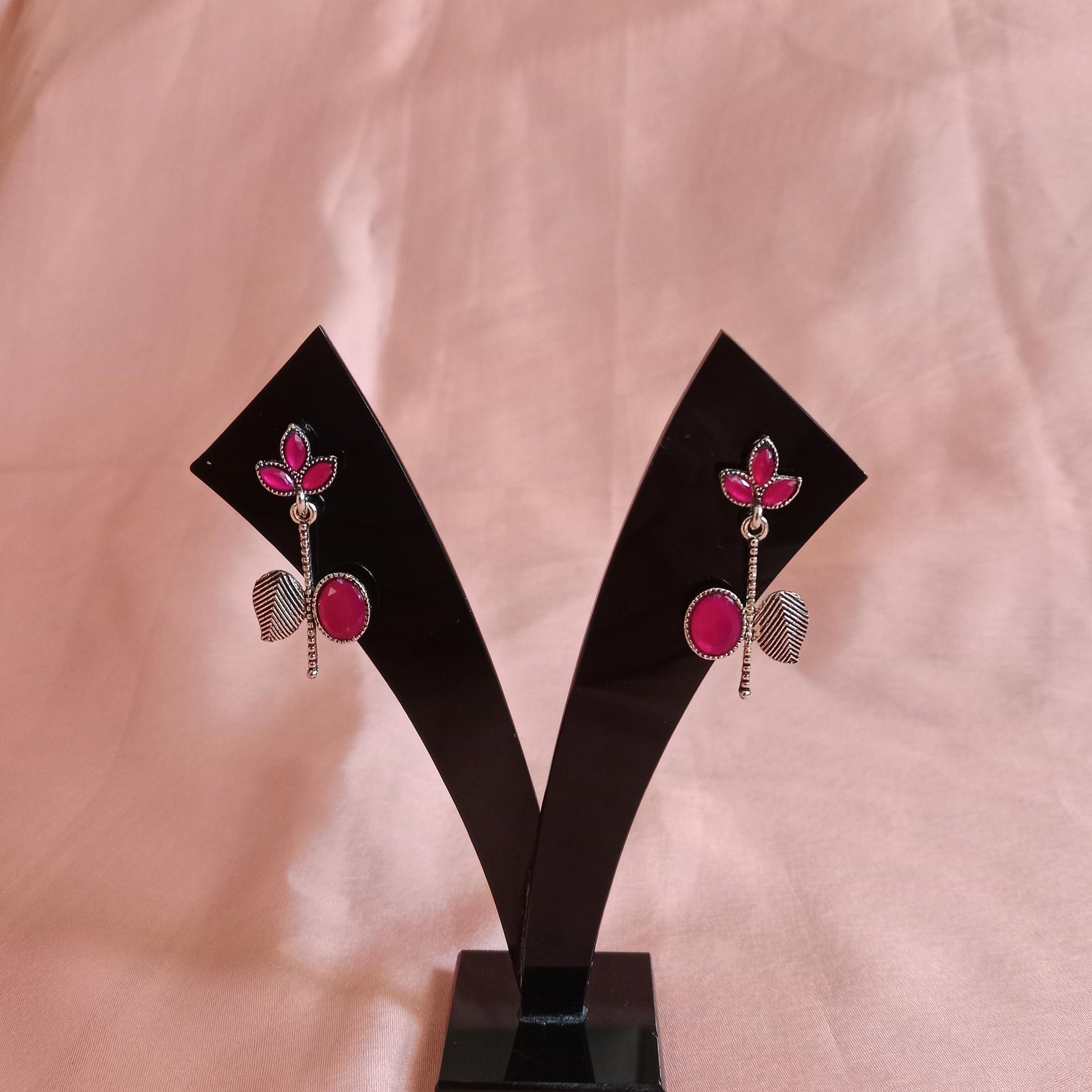 Pink Lotus Leaf Oxidized Earrings