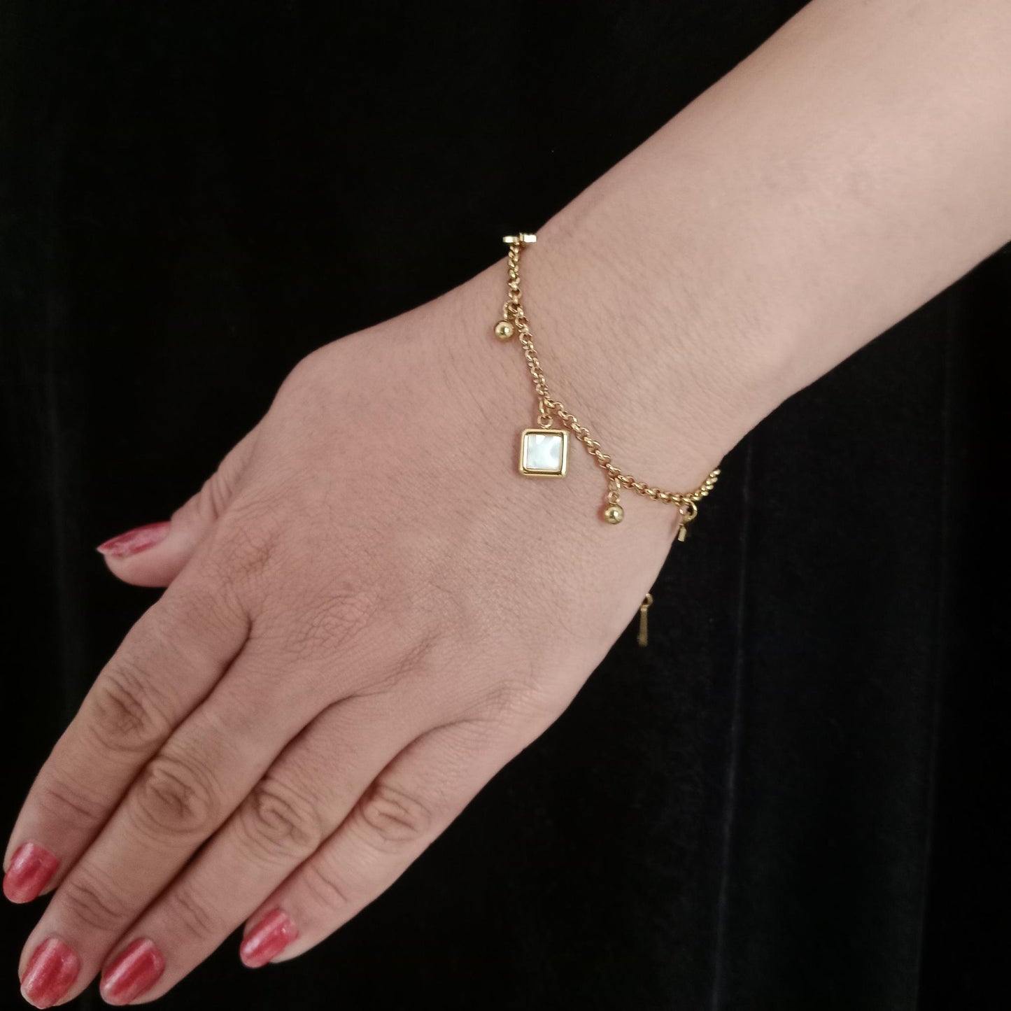 Square Pearl Charm Golden Chain Bracelet bracelet by Blingso