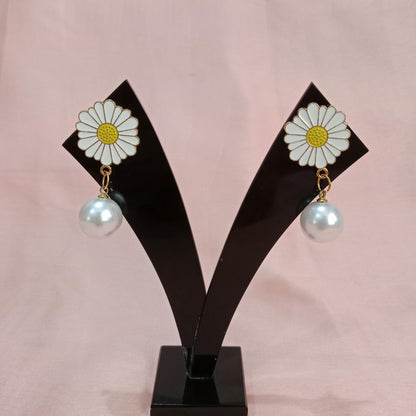White Daisy Pearl Drop Earrings