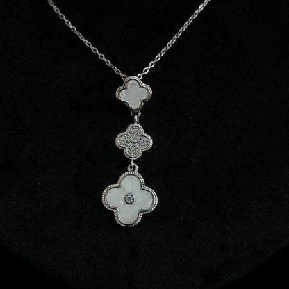 White Triple Floral Silver Pendant Neckpiece - Floral