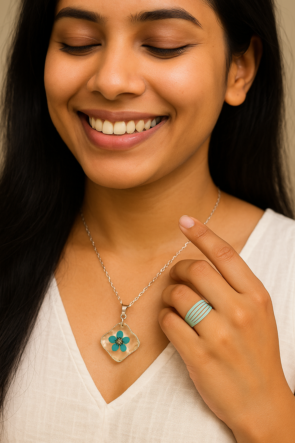Model wearing combo of  pendant and ring 