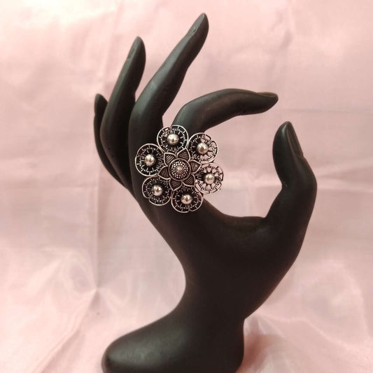 🌸 Oxidized Floral Bloom Adjustable Ring – Ethnic Charm by Blingso